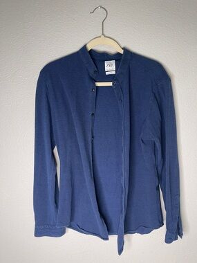 Zara Navy Button-Front Lightweight Knit Slim Fit Long Sleeve Shirt